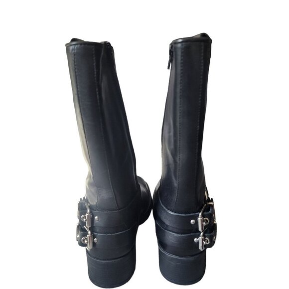 Black and Silver Mid-Calf Moto Boots with Harness Strap - Picture 5 of 16